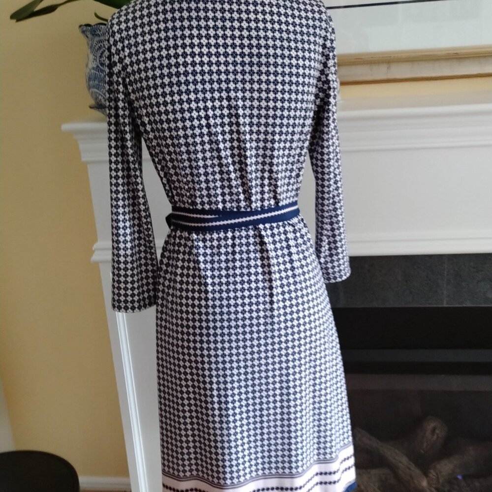 Max Studio Navy, White & Pink Print Wrap Dress with Border Design, S - Picture 6 of 8